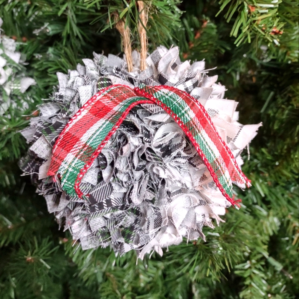 Buffalo plaid Rag ball ornaments handmade.